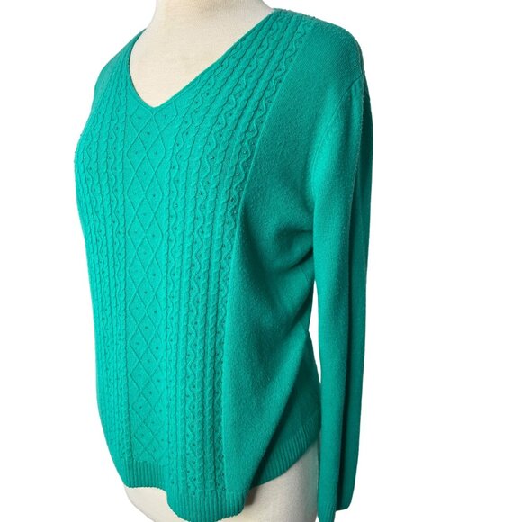 Classic Elements Women’s sweater size large (14-16) Green sequins cable knit - Picture 2 of 14